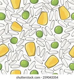 background with rice, corn and green peas