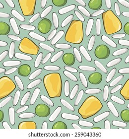 background with rice, corn and green peas