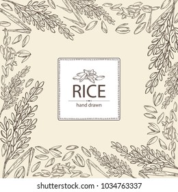 Fondo con arroz y planta con arroz. Ilustración dibujada a mano por vectores.