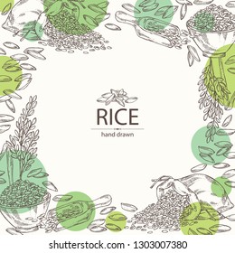 Background with rice, plate and bag of rice. Vector hand drawn illustration