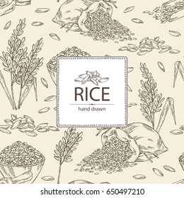 Background with rice, plate with rice and bag of rice. Vector hand drawn illustration