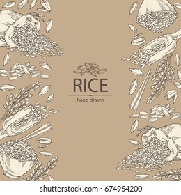 Background with rice, plate with rice and bag of rice. Vector hand drawn illustration