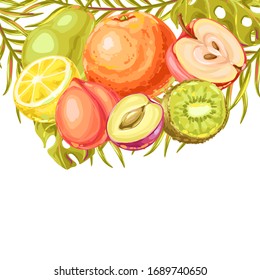 Background with ripe fruits and palm leaves. Tropical vegetarian food decorative illustration.