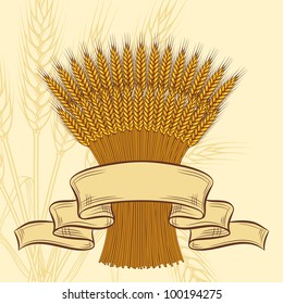 Background with ripe yellow wheat ears, vector illustration.