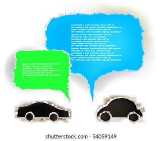 background with ripped paper cars and text bubbles