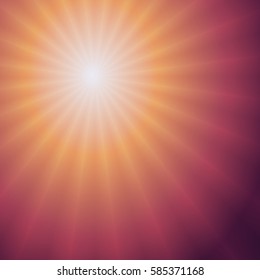 Background with the rising scarlet sun is located in the corner, light rays. Vector banner