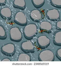background of a river filled with large rocks and swimming Koi fish