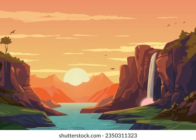 Río de fondo con cascada. Una encantadora ilustración de un río con una impresionante cascada, situado sobre un cautivador fondo de puesta de sol. Ilustración vectorial.