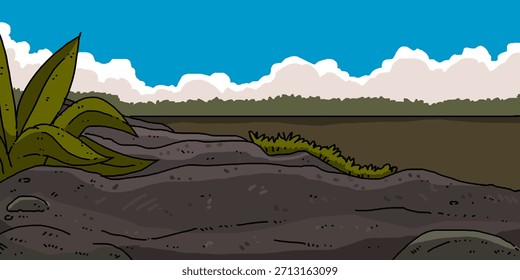 Der Hintergrund ist eine Flusslandschaft mit trübem Flusswasser, Felsen, Felsen und Gras, die eine helle und erfrischende natürliche Atmosphäre schafft.