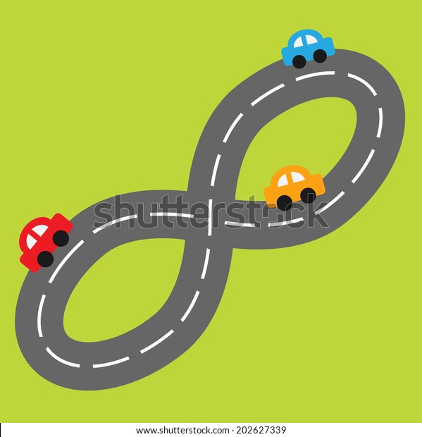 Background with road in shape of infinity\
sign and cartoon cars. Vector\
illustration