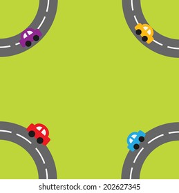 Background with roads and cartoon cars in the corners. Vector illustration