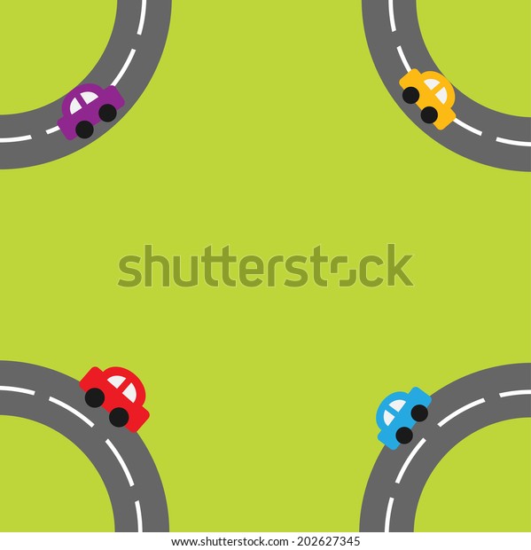 Background with roads and cartoon cars in\
the corners. Vector\
illustration