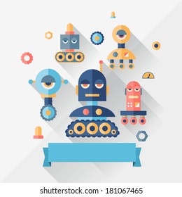 Background with robot in flat style.
