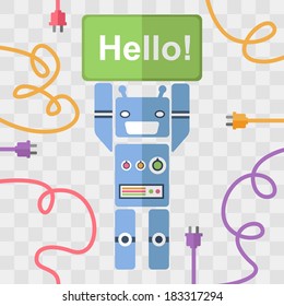background with Robot and headphones proodami background characterizing communication, technical support, the robot with a sign