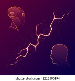 Background with robot and human heads silhouette and lightning
