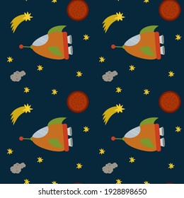 Background of Rockets and stars. Bright rockets in a circle of stars. Cartoon solar system space mode of transport. A pattern for children's star wars textiles and sleep. Vector illustration