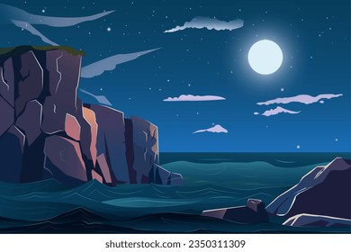 Background rocky coast. A fascinating illustration of a rocky coast at night with a full moon in a magical design. Vector illustration.