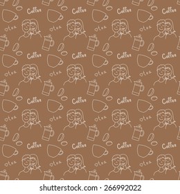 Background with a romantic couple and items for tea and coffee