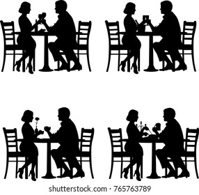 Background with romantic couple in restaurant in different situation silhouette