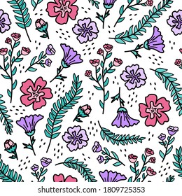 Background with romantic pink and violet flowers. Vector seamless pattern.