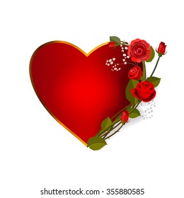 Background in the romantic style for valentines day. Red heart in a gold frame on a white background. On the right are red roses.
