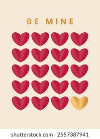 Background with romantic symbols of Valentine's Day: hearts and the inscription Be mine. Vector illustration in a flat style. Bright red and gold colors are perfect for festive decoration.