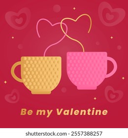 Background with romantic symbols of Valentine's Day: cups with hearts and the inscription Be my Valentine. Vector illustration. Bright red and gold colors are perfect for festive decoration.