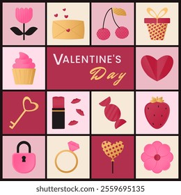 Background with romantic Valentines Day symbols - hearts, flowers, gifts, balloons, ring and sweets. Vector illustration in a flat geometric style. Bright pink, gold and red colors.