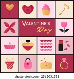 Background with romantic Valentines Day symbols - hearts, flowers, gift, balloon, ring, candle, lock with key, elixir. Vector illustration in a flat geometric style. Bright pink, gold and red colors.