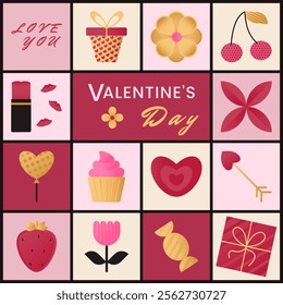 Background with romantic Valentines Day symbols - heart, flower, gift, balloon, cherry, strawberry, lipstick, air kisses. Vector illustration in flat geometric style. Bright pink, gold and red colors.