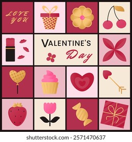 Background with romantic Valentines Day symbols - heart, flower, gift, balloon, cherry, strawberry, lipstick, air kisses. Vector illustration in flat geometric style. Bright pink, gold and red colors.