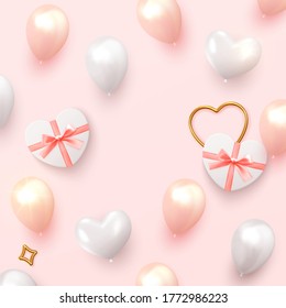 Background Romantic and wedding. Holiday design realistic gifts box with heart shape, pink and white balloon. vector illustration