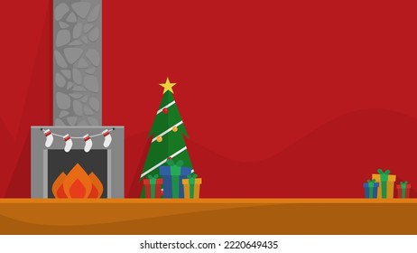 background of room with christmas decoration and red wall