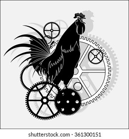 Background, a rooster and details of hours. Vector illustration.