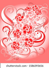 The background of rose flowers and ribbons. 
