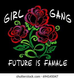 Background rose. Girl  Gang Slogan Fashion stripes, clothes for T-shirt with printed graphic design. Vector A set of stickers, embroidery, applique in the style of ancient breeds.