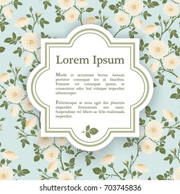 Background with rose graphic flowers on blue backdrop. Wedding invitation or greeting card