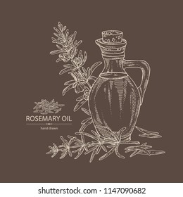Background with rosemary and rosemary oil . Vector hand drawn illustration.