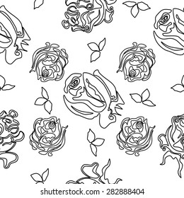 background of roses in black and white contours, seamless vector