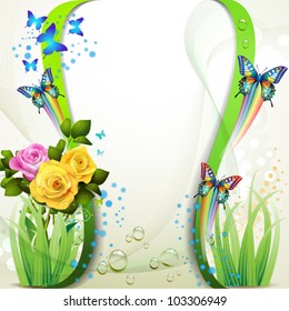 Background with roses and butterflies