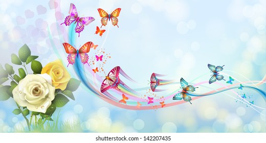 Background with roses and butterflies