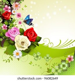 Background with roses and butterflies