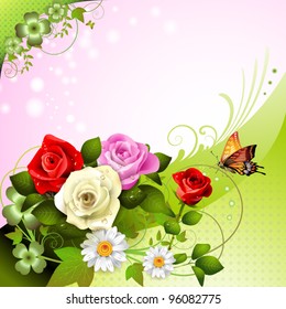 Background with roses and butterflies
