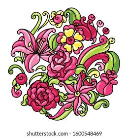 Background with roses and lilies. Beautiful decorative flowers, buds and leaves.