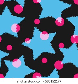 Background with rough stars and rounded spots. Seamless pattern. Vector illustration. Blue, pink, black.