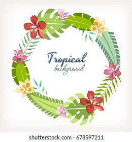 background round circle border with palm leaves and tropical flowers exotic summer