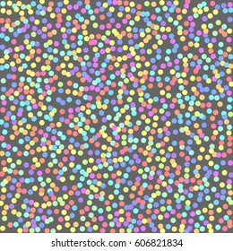 Background of round confetti. Vector pastel isolated confetti on grey background pattern. Greeting card for the holiday and a place for the text. 