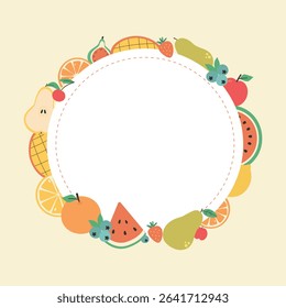 Background with round fruits frame and white round space for text. Apple, pear, watermelon, mango, lemon, pomegranate, orange, banana, orange slices, grapes, cherry. Flat illustration