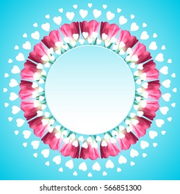 Background with round greeting card and bunch of tulip flowers, wreath of spring flowers for card, invitation, banner