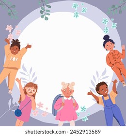 Background, round with a group of happy children. Cute diverse cheerful children celebrating, waving, greeting. Joyful excited kindergarten friends, little girls and boys. Flat, vector.